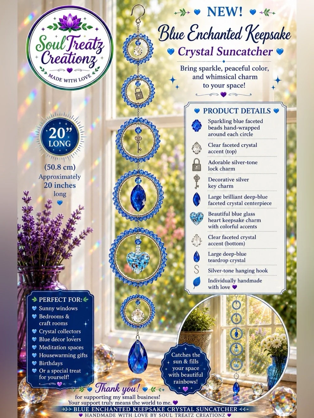 Blue Lock & Key Glass Heart Crystal Beaded Sun Catcher